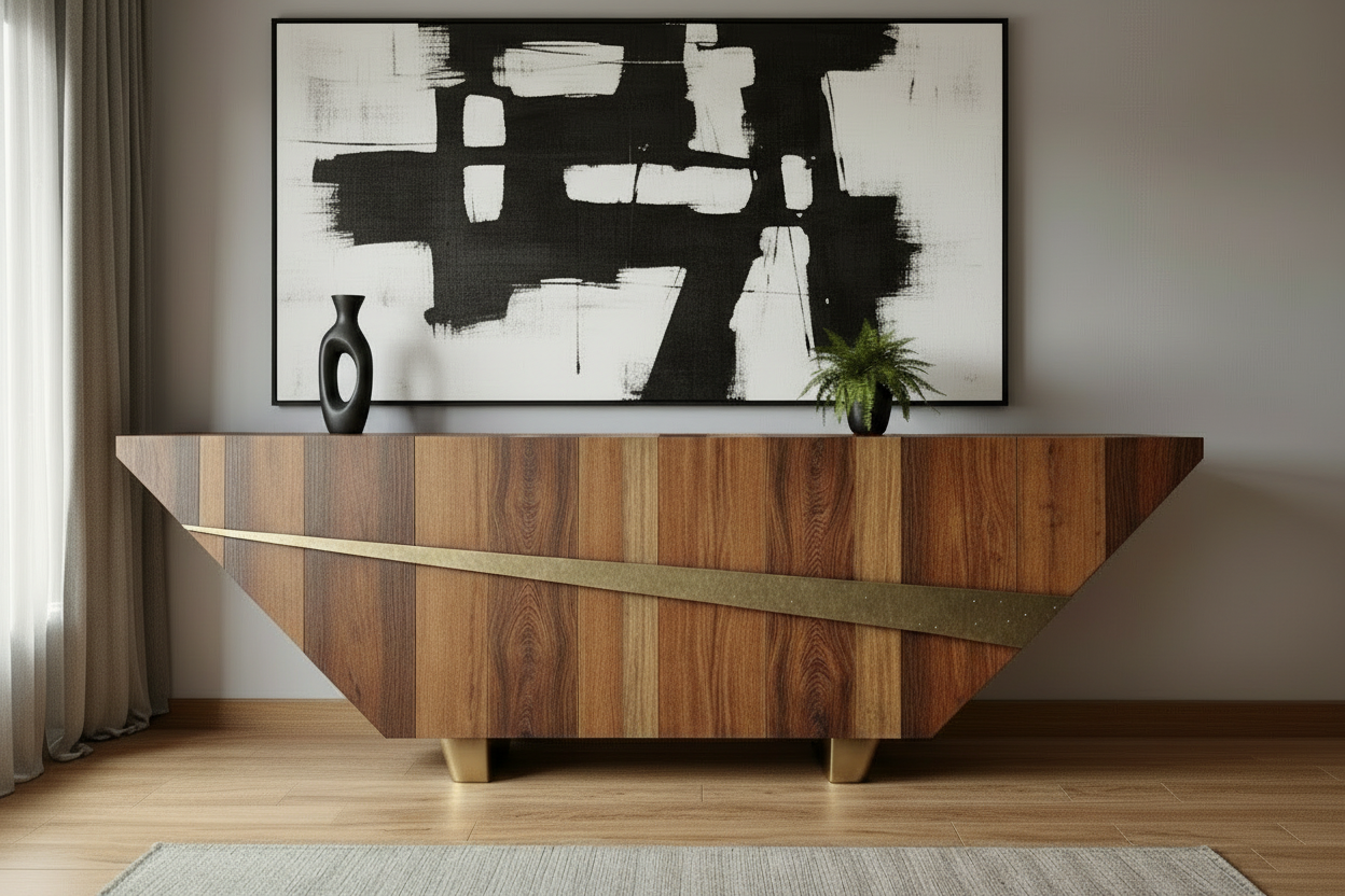 LUMINA Console with oversized black and white abstract painting